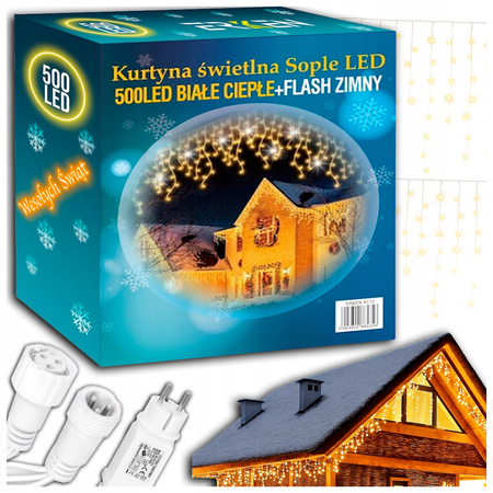 SOPLE 500 LED LAMPKI BIAŁY CIEPŁY + FLASH 23m GIRLANDA Świąteczna Kurtyna