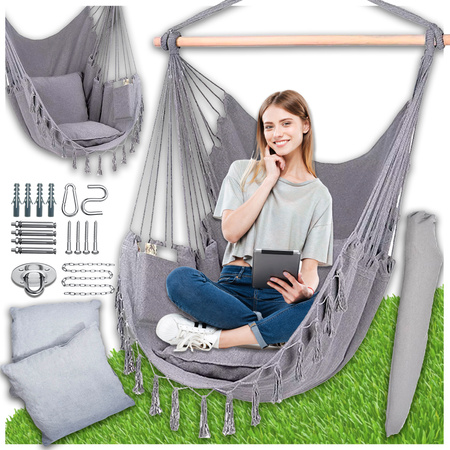 Jasno szary fotel hamak brazylijski huśtawka ogrodowa + poduszki