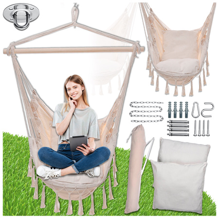 Beżowy fotel hamak brazylijski huśtawka + poduszki + hak
