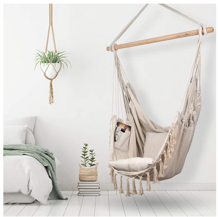 Beżowy fotel hamak brazylijski huśtawka + poduszki + hak