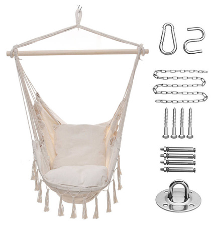 Beżowy fotel hamak brazylijski huśtawka + poduszki + hak