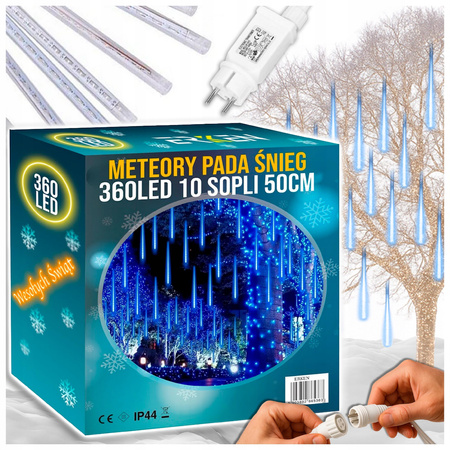 METEORY NIEBIESKIE 10 SPOLI 50 CM 360 LED LAMPKI PADAJĄCY ŚNIEG SOPLE 8 m
