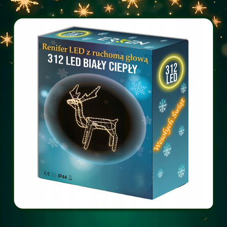 RENIFER LED Z RUCHOMĄ GŁOWĄ DUŻY ŚWIECĄCY XXL 312 LED CIEPŁA BIEL BIAŁY